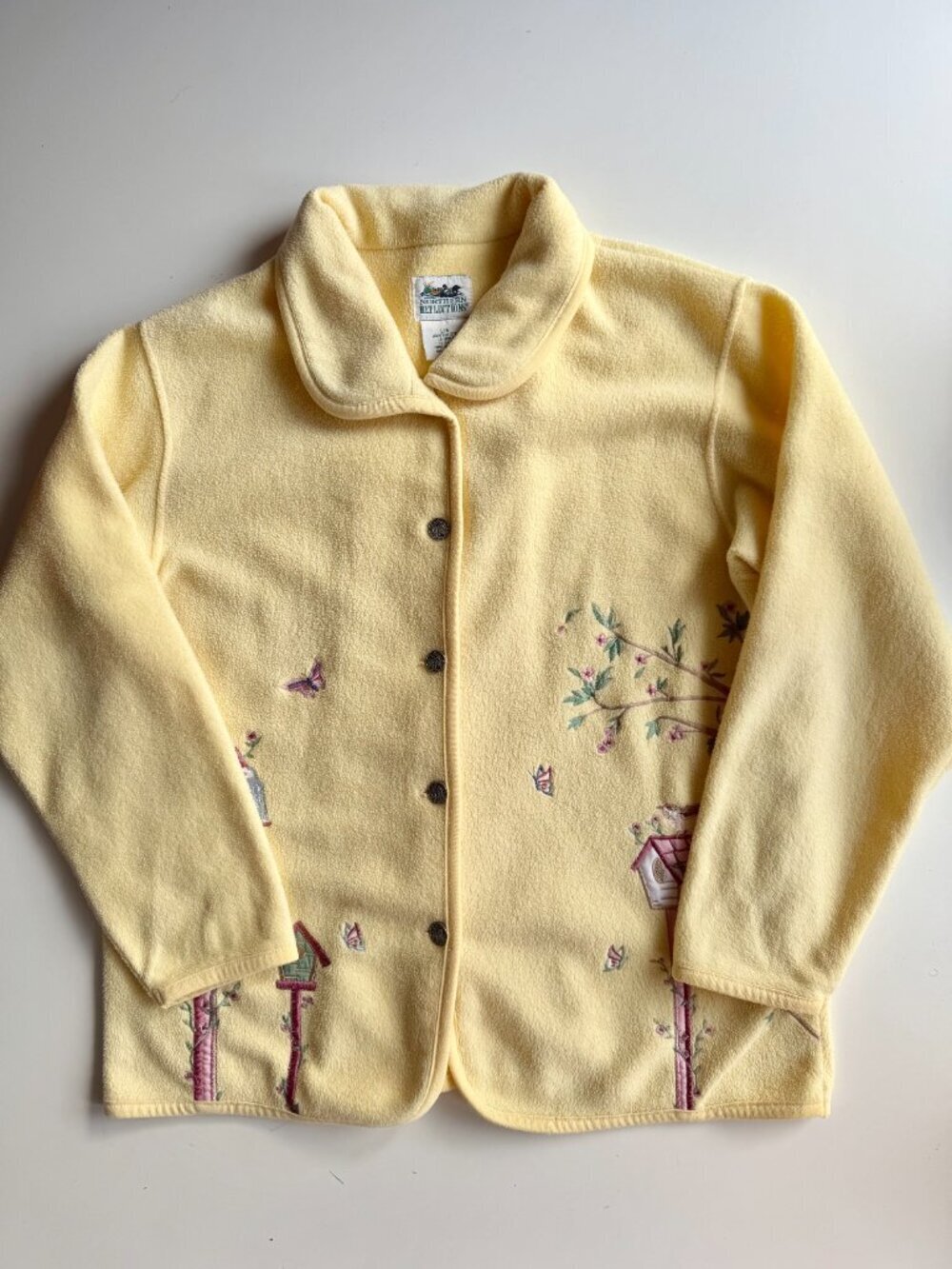 Vintage 00's NORTHERN REFLECTIONS Yellow Embroidered Bird Fleece Jacket, Size L - Picture 5 of 15